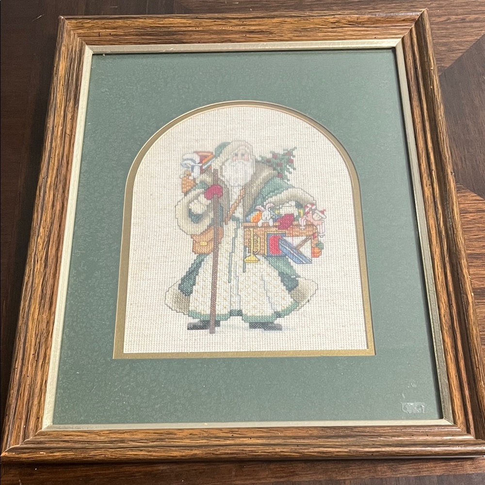 VINTAGE Framed Santa Claus Cross-Stitch Art